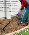 Person using Adjustable Handle Hand Rake For Weeding And Tilling in garden, focusing on narrow spaces beside grass border.
