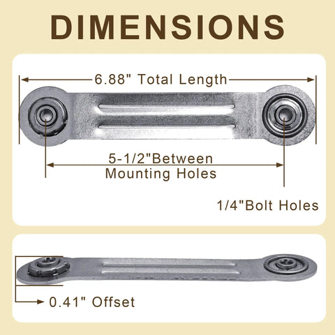 Eight Pack Glider Bearing Arm Brackets Heavy Duty Hardware Rockers With Galvanized Finish, 6.88 Inch Overall Length, 5.5 Inch Hole Spacing, One Quarter Inch Bolt Holes, Durable Weatherproof DIY Install, dimension diagram