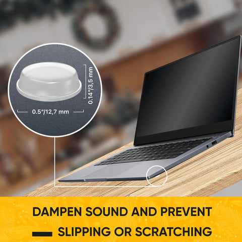 128 Clear Cabinet Door Bumpers Self Adhesive Rubber Cushions One Half Inch shown with laptop on wooden surface