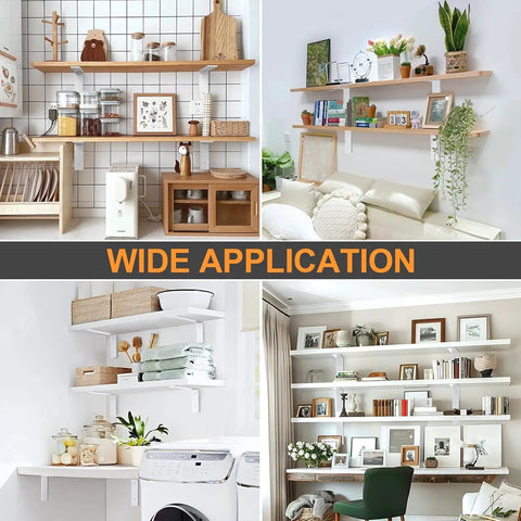 Rock Solid White Floating Shelf Brackets 6 Pack Heavy Duty Steel Wall Mounts 12 Inch Base Supports showcasing various home applications.