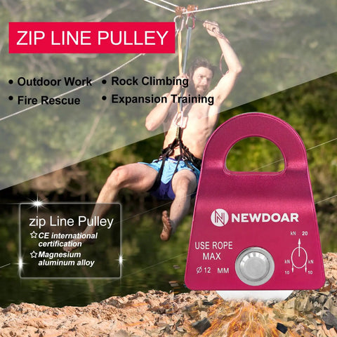 Ultra Portable Micro Single Pulley For Rigging And Climbing Rescue in zipline setup, red, CE certified, with user in action