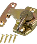 Heavy Duty Brass Plated Steel Table Leaf Lock in close-up with four screws for installation and latch details.