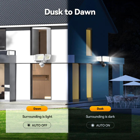 Three Head Outdoor Motion Sensor Flood Light With Remote, 7500 Lumens, 150 LED Beads, 300 Degree Wide Angle installed on house