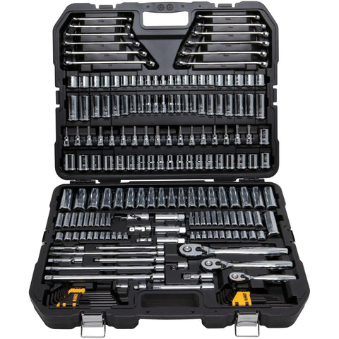 Open case of All In One 204 Piece Mechanics Tool Set with Quarter Inch, Three Eighths Inch, and Half Inch Drives, sockets and wrenches.
