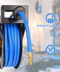Retractable Air Hose Reel With Three Eighths Inch By Fifty Foot Hybrid Hose, Heavy Duty Steel Build in garage setting