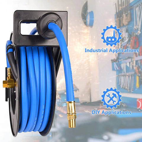 Retractable Air Hose Reel With Three Eighths Inch By Fifty Foot Hybrid Hose, Heavy Duty Steel Build in garage setting