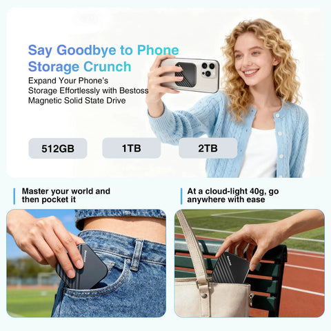 Woman with iPhone showing MagSafe Compatible 1TB Magnetic External SSD for iPhone and Mac in pocket and bag