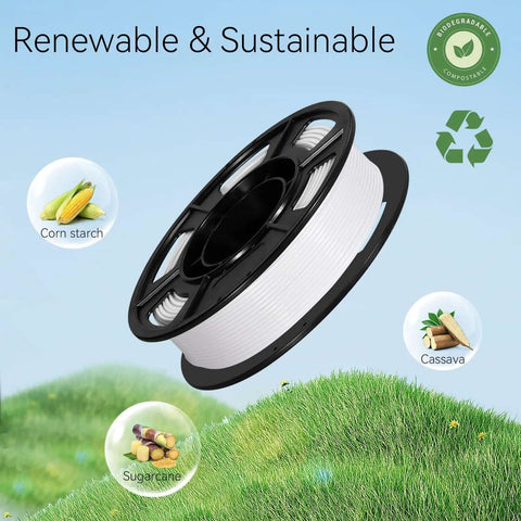 Black spool of white Regular PLA Filament 1.75mm 53mm 250g against a sustainable background with corn starch and cassava icons.
