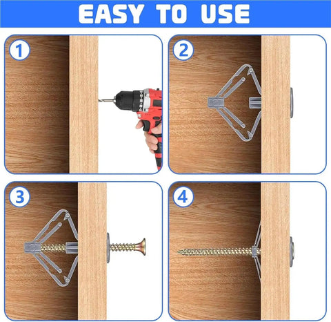 Self Drilling Drywall Anchors Kit With 100 Pieces Plastic Nylon Anchors And Yellow Zinc Plated Carbon Steel Screws No Pre Drill Install Easy Wall Mounts Durable Heavy Duty Fasteners For Home And Office DIY Projects, 4-step install