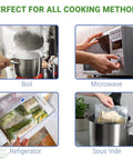 Clear 6x10 Inch 3 Mil Chamber Vacuum Sealer Bags in use: boiling, microwaving, refrigerating, and sous vide cooking methods.