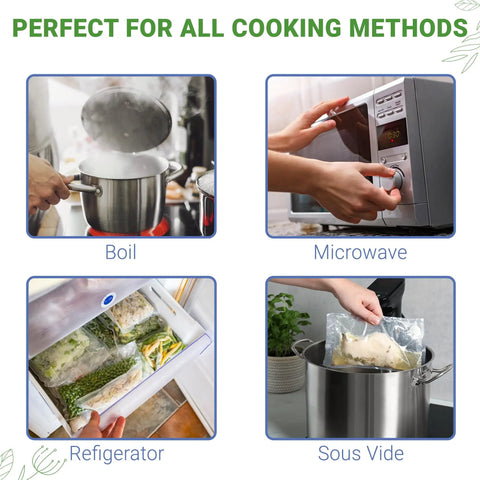 Clear 6x10 Inch 3 Mil Chamber Vacuum Sealer Bags in use: boiling, microwaving, refrigerating, and sous vide cooking methods.