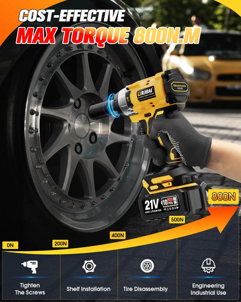 Cordless Impact Wrench 800Nm High Torque Beefy Brushless Motor 1/2 Inch Drive in use on car wheel lug nut