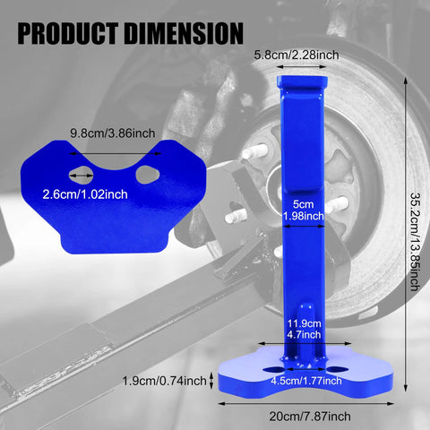 Image showing dimensions of Universal Wheel Hub Removal Tool Kit for 5, 6, and 8 lug hubs, featuring blue components and measurements.