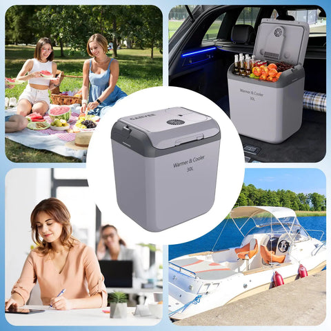 Ride Along Thermoelectric Car Cooler And Warmer 32 Qt Fits A Six Pack Perfect For Weekend Drives sleek gray build and tough carry handle.