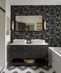 Slay Your Walls With This Dope Blue Boho Wallpaper Peel And Stick Vintage Floral Pattern Removable Self Adhesive Vinyl Roll For Bedroom Bathroom DIY Refresh Smooth Operator Vibes Upgrade Game in a stylish bathroom setting.