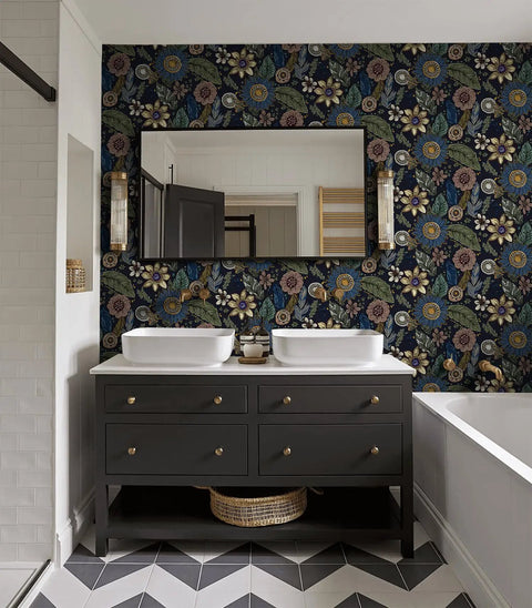 Slay Your Walls With This Dope Blue Boho Wallpaper Peel And Stick Vintage Floral Pattern Removable Self Adhesive Vinyl Roll For Bedroom Bathroom DIY Refresh Smooth Operator Vibes Upgrade Game in a stylish bathroom setting.