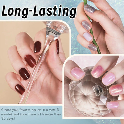 Gel Polish Set 112 Piece HEMA Free with 108 colors showcasing glossy and glitter shades on nails