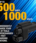 Nacs To Ccs1 Electric Vehicle Charging Adapter Drops Straight On Tesla Networks For Hella Fast Power Up To Five Hundred Amps Heavy Duty Build. Black adapter for EVs with text on a blue background.