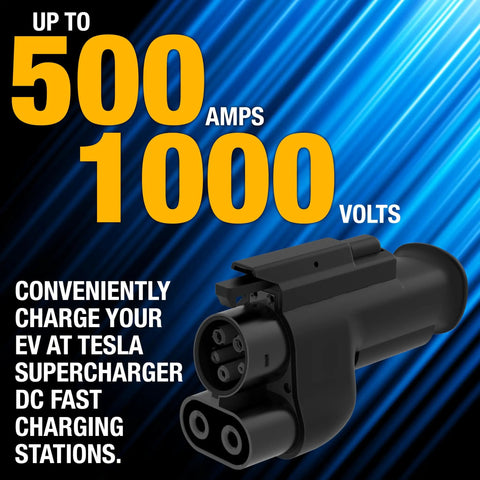 Nacs To Ccs1 Electric Vehicle Charging Adapter Drops Straight On Tesla Networks For Hella Fast Power Up To Five Hundred Amps Heavy Duty Build. Black adapter for EVs with text on a blue background.