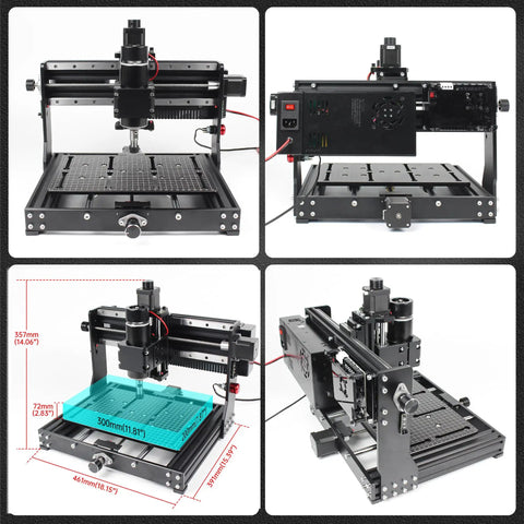 Top Shelf 3020 Plus CNC Router With 500W Spindle For Wood Milling And Metal Engraving features multi-angle views of precision 300x200x73mm setup.