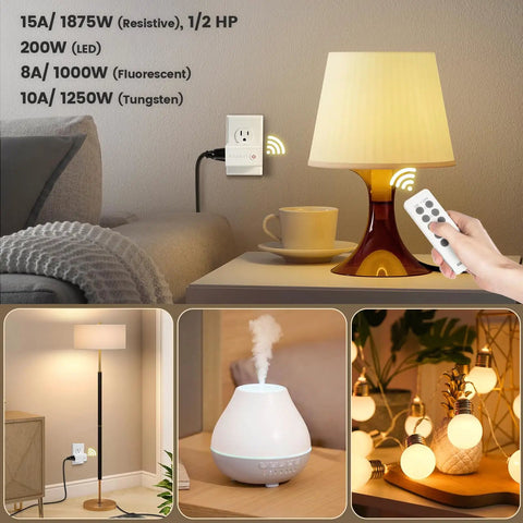 Expandable Indoor Remote Control Outlet With Five Outlets And Two Remotes, Wireless Light Switch controlling lamp, diffuser, and lights