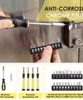 Hands using yellow screwdriver from Yellow 40 Piece Home Tool Set With Plastic Toolbox Case for DIY repair.