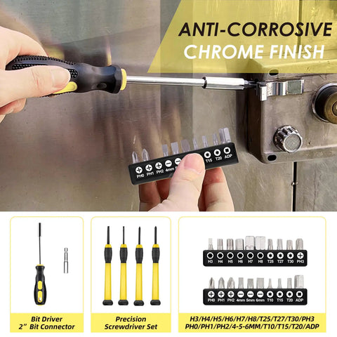 Hands using yellow screwdriver from Yellow 40 Piece Home Tool Set With Plastic Toolbox Case for DIY repair.