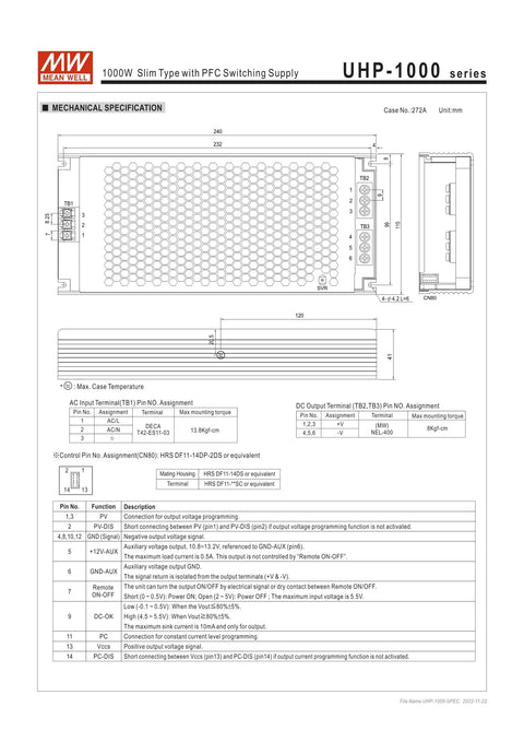 Beefy 1008W UHP-1000-24 Slim PFC Switching Power Supply 24V 42A, 41mm profile, fanless metal case