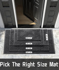 All Weather Outdoor Doormat With Simple Stripes Waterproof Non Slip Heavy Duty Front Door Mat For Indoor Garage And Patio Dark Grey 29 By 17 Inches Now, shown in front of double doors with size options.