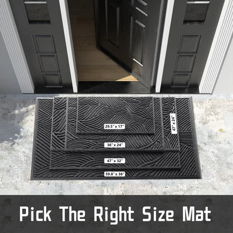 All Weather Outdoor Doormat With Simple Stripes Waterproof Non Slip Heavy Duty Front Door Mat For Indoor Garage And Patio Dark Grey 29 By 17 Inches Now, shown in front of double doors with size options.