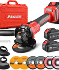 Front view of AOBEN cordless angle grinder 4-1/2 in kit, red body, 2x 21V 4.0Ah batteries, case.