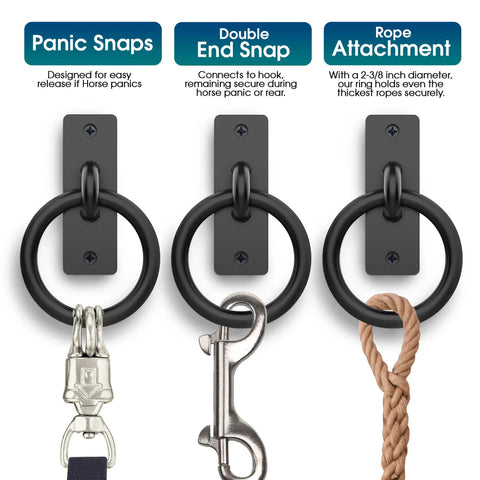 Heavy Duty Solid Steel Horse Tie Ring 2-3/8 Inch Cross Tie Ring For Horses with snaps and rope attachment options