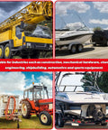 Assorted vehicles including trailer, tractor, truck, and SUV towing boats showcasing usage of Half Inch By Four Inch Trailer Hitch Pin With Red Rubber Handle And Safety Clip Anti Loss Rope, Heavy Duty Universal Fit For Trailers, Lawn Mowers, Tractors, SUVs, Cars, And Towing Gear, Pack Of 2.