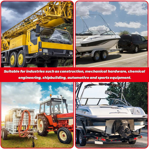 Assorted vehicles including trailer, tractor, truck, and SUV towing boats showcasing usage of Half Inch By Four Inch Trailer Hitch Pin With Red Rubber Handle And Safety Clip Anti Loss Rope, Heavy Duty Universal Fit For Trailers, Lawn Mowers, Tractors, SUVs, Cars, And Towing Gear, Pack Of 2.