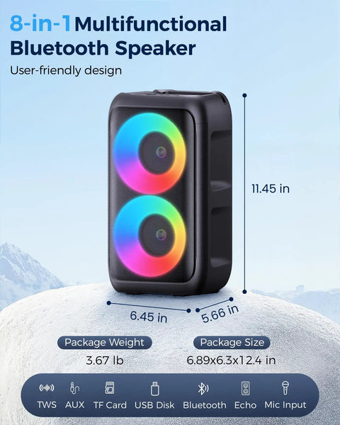 Bluetooth Party Speaker With Colorful Lights, Party Ready Wireless Karaoke Speaker With HD Loud Sound And Boomin Bass shown with dimensions