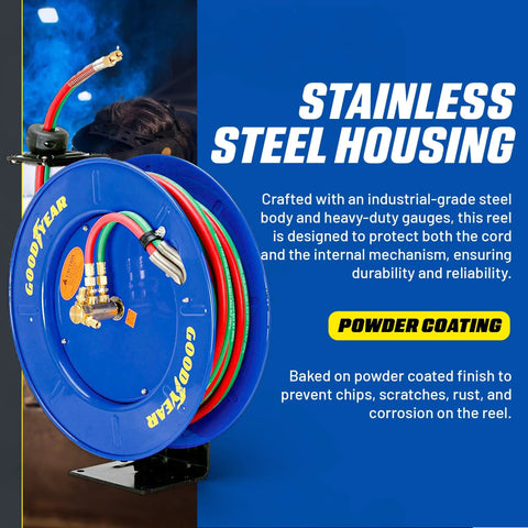 Retractable Welding Hose Reel One Quarter Inch By 65 Feet Twin Oxygen Acetylene Rubber Hoses, Heavy Duty Single Arm