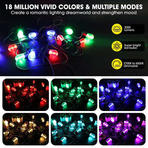 Outdoor 50 Foot RGB LED Christmas Lights IP65 Waterproof Color Changing String Lights with multiple vibrant colors on display.
