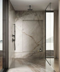 Bathroom showcasing Honesty 8 Inch Square Rain Shower Head Matte Black With 2.5 GPM in a modern marble interior