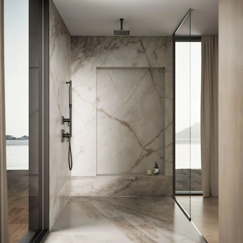 Bathroom showcasing Honesty 8 Inch Square Rain Shower Head Matte Black With 2.5 GPM in a modern marble interior