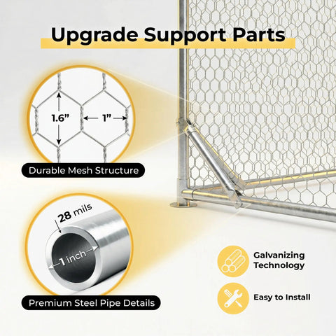 Beefy Heavy Duty Large Metal Chicken Coop Walk In Run Pen with durable mesh and steel pipe features for ten to fifteen chickens.