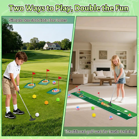 Children playing with Glow In The Dark Kids Golf Putting Set With Light Up Balls Putter Putting Mat 3 Holes And 6 Balls indoor outdoor