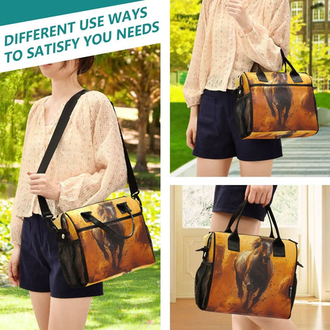 Person holding Insulated Lunch Cooler Tote Bag For Outdoor Picnics And Camping, Keeps Food Hot Or Cold With Durable Nylon Shell.