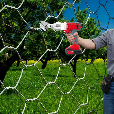 21V Brushless Cordless Sheet Metal Shear With Two Batteries And 360 Degree Pivoting Head cutting wire mesh in a garden setting.