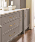 Kitchen with Champagne Bronze Uprise Cabinet Pull For Kitchen And Bath, Six And Five Eighths Inches Overall Length on gray cabinets