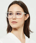 Person wearing Lightweight Eye Protection Glasses With Clear No Fog Lenses For Everyday Use Dope Yet Practical Safety Eyewear For Men And Women Durable Protective Glasses In Transparent White Frames