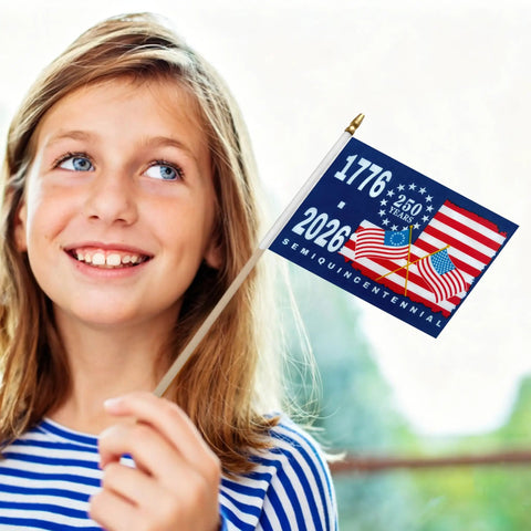 Child holding 12 Pack 5.5 x 8.2 Inch 250th Anniversary American Flags On Sticks Set For 1776 2026 Handheld USA Patriotic Flags