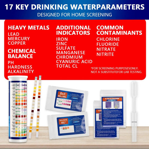 23 In 1 Home Drinking Water Testing Kit With 155 Strips for tap and well water checks including hardness, PH, lead, iron, copper.