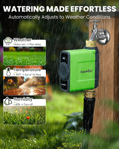 WiFi Water Timer For Garden Hose And Sprinkler System With Smart Valve, Rain Delay, Brass Inlet, attached to faucet