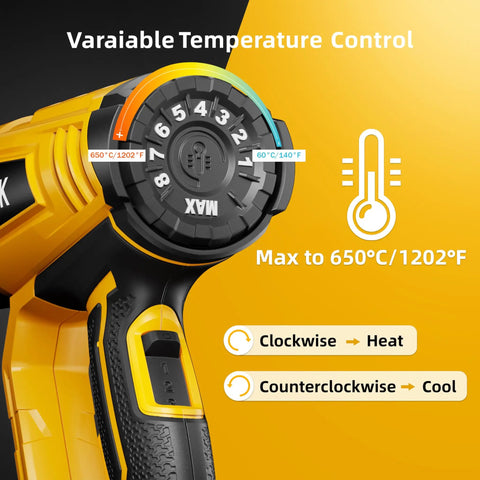 Heavy Duty 1800W Heat Gun With Quick Heating Adjustable 140°F To 1202°F Thermostat, control dial close-up