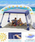 Family under 8x8 Beach Cabana With Side Wall Sun Shelter, Easy Setup And UPF Fifty Sun Protection For The Whole Crew at beach